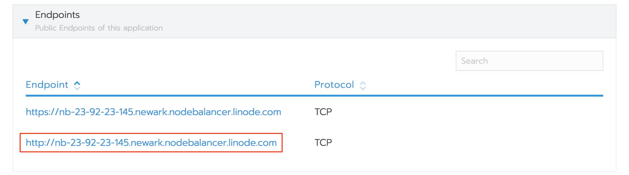 Rancher app detail view - NodeBalancer HTTP endpoint highlighted