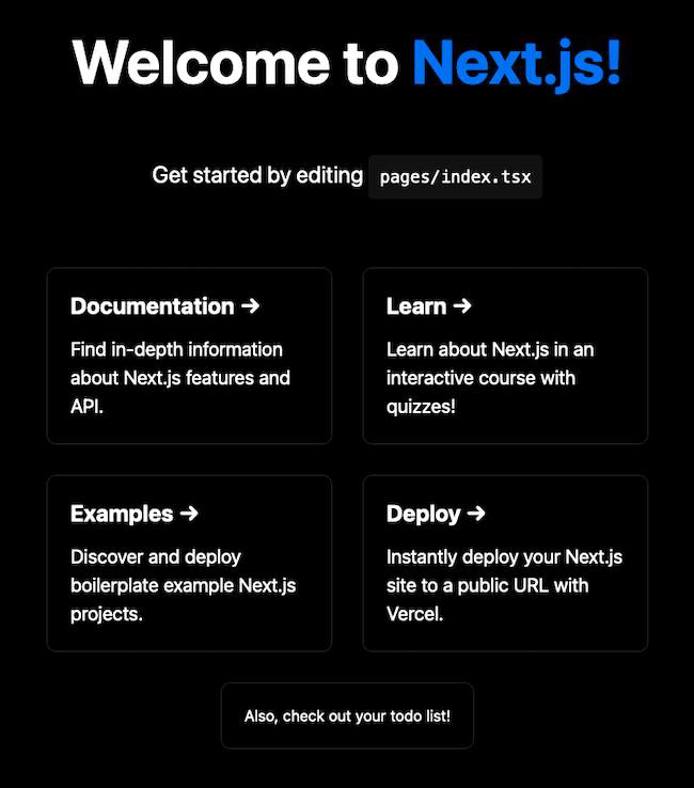 The default Next application modified with a link to the todo list