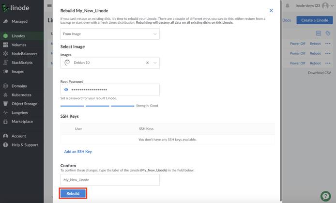 Linode Cloud Manager Rebuild form - Rebuild button highlighted