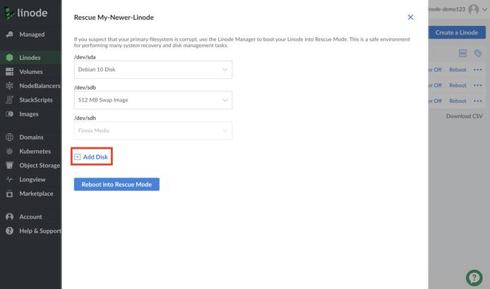 Linode Cloud Manager Rescue form - Add Disk highlighted