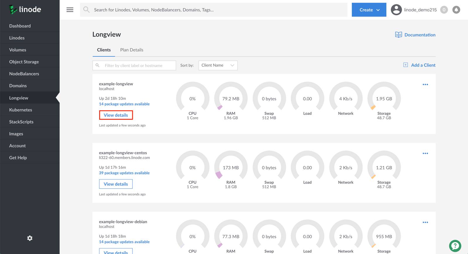 View details for your Longview Client instance